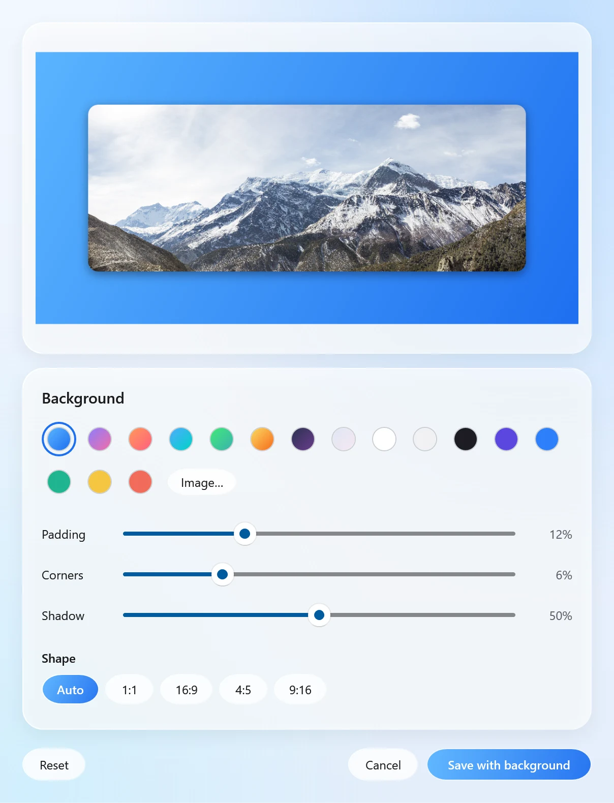 Santra's Add background editor, placing a picture on a wallpaper with padding, rounded corners and a shadow