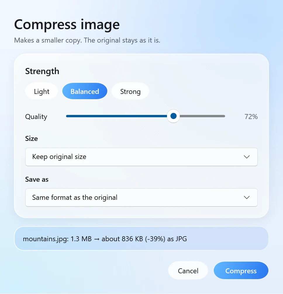 Santra's Compress window with presets, a quality slider, size and format choices, and the new size