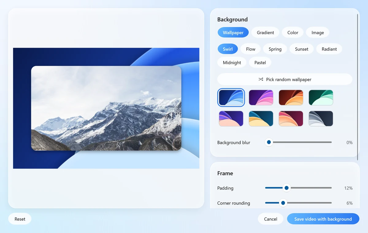 Santra's background window for a video: a preview of a frame on a blue wallpaper, background and frame settings, and a Save video with background button