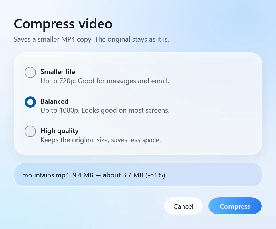 Santra's Compress video window with Smaller file, Balanced and High quality choices and a size estimate
