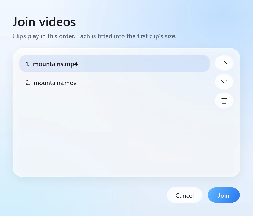 Santra's Join videos window listing two clips with buttons to change the order or leave one out