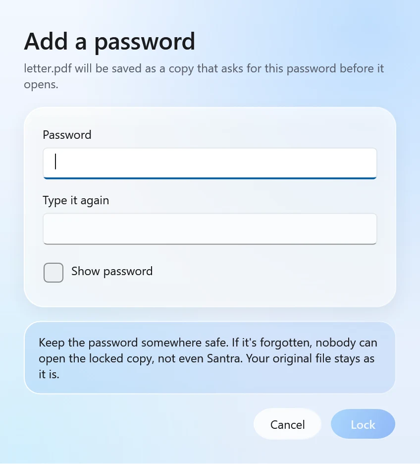 Santra's Add a password window with fields to type the password twice and a Show password box