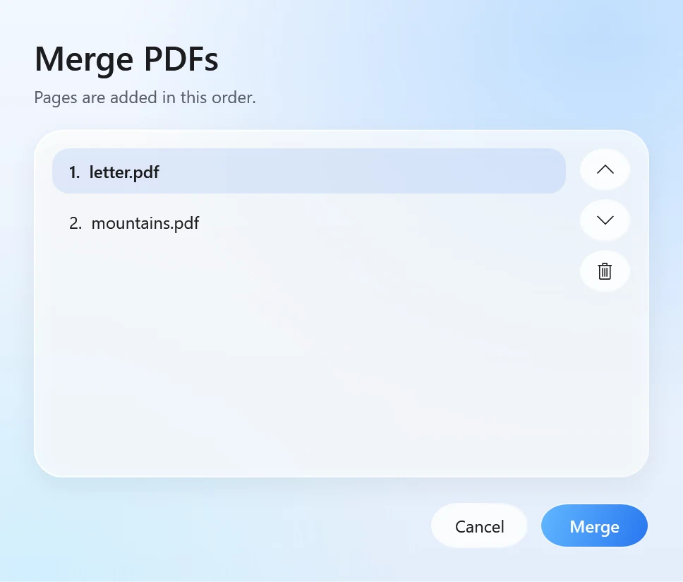 Santra's Merge PDFs window listing two PDFs with buttons to move them up, down or leave one out