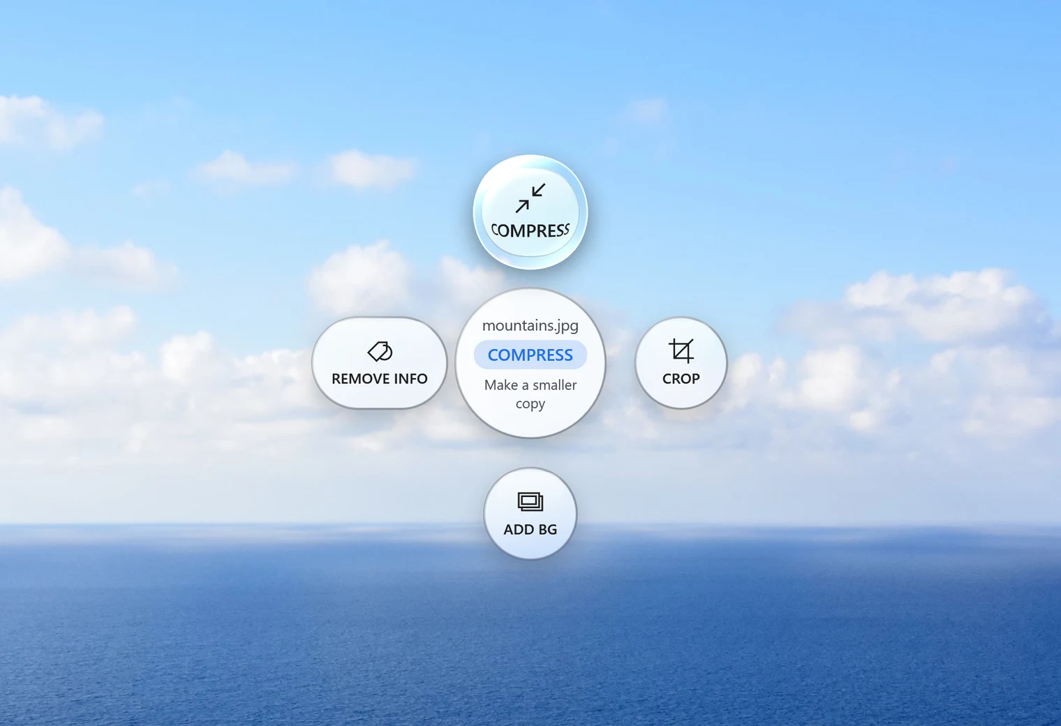 Santra's Tools orbit open under a dragged photo, with Compress highlighted