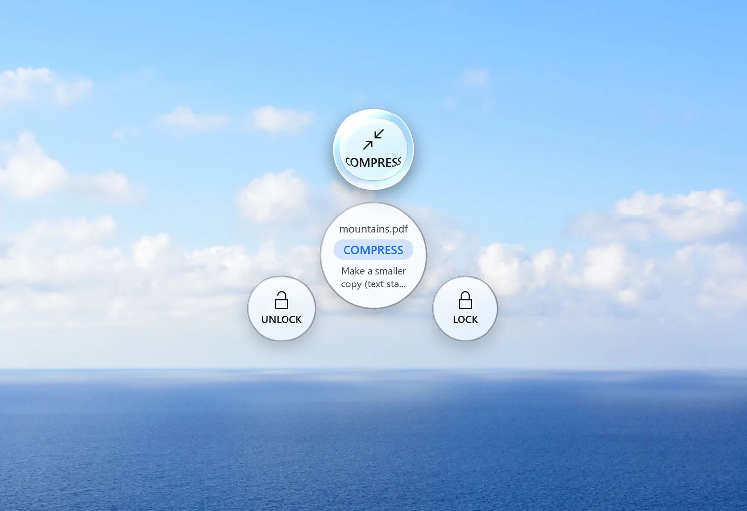 Santra's Tools orbit for a PDF, with Compress highlighted next to Lock and Unlock
