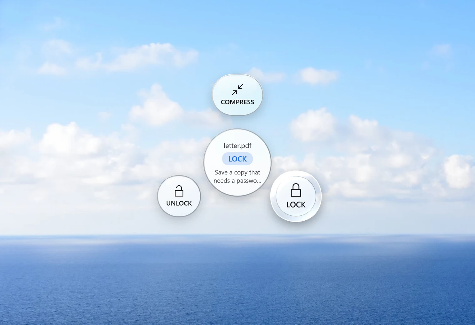 Santra's Tools orbit for a PDF, with Lock highlighted next to Compress and Unlock